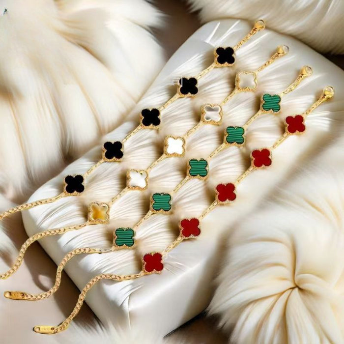 Wholesale Titanium Steel Double Sided V Gold Red Agate Four Leaf Clover Bracelet JDC-BT-Pingtouge003