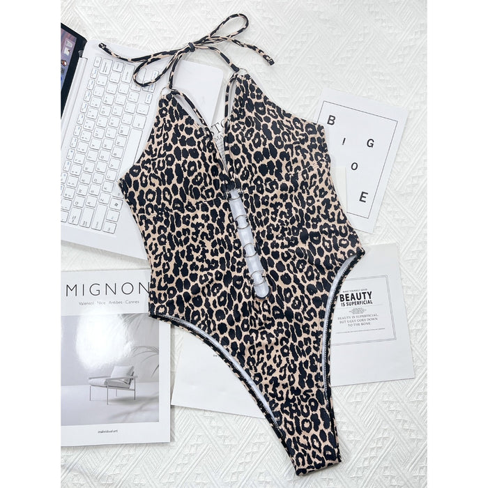 Wholesale Nylon Leopard Print Hollow Strap One-piece Swimsuit JDC-SW-XMa019