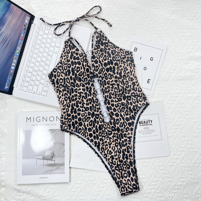 Wholesale Nylon Leopard Print Hollow Strap One-piece Swimsuit JDC-SW-XMa019