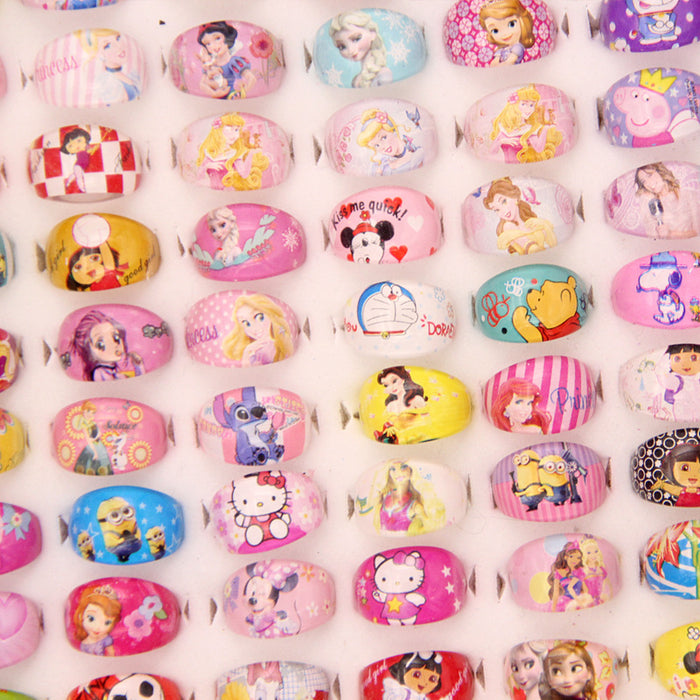Wholesale 100pcs Children' s cute cartoon ring water thermal transfer acrylic princess ring small gift