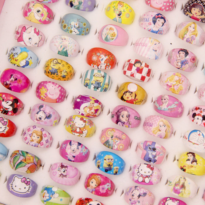 Wholesale 100pcs Children' s cute cartoon ring water thermal transfer acrylic princess ring small gift