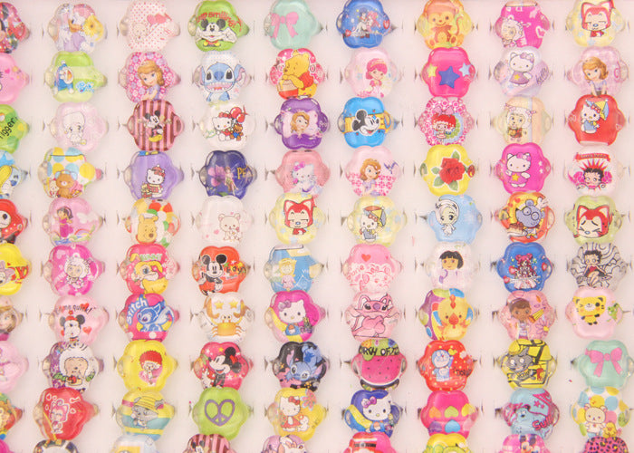 Wholesale 100pcs Children' s cute cartoon ring water thermal transfer acrylic princess ring small gift