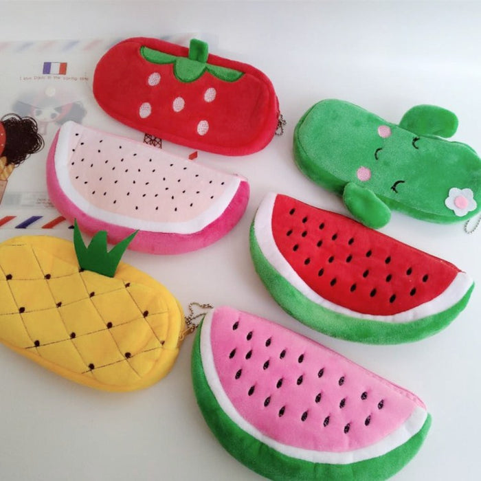 Wholesale Creative Fruit Pencil Case Super Soft Plush Printed Rectangular Stationery Bag Watermelon Dragon Fruit JDC-PB-RC001