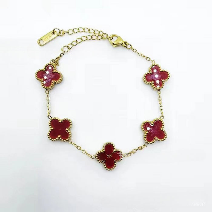 Wholesale Titanium Steel Double Sided V Gold Red Agate Four Leaf Clover Bracelet JDC-BT-Pingtouge003