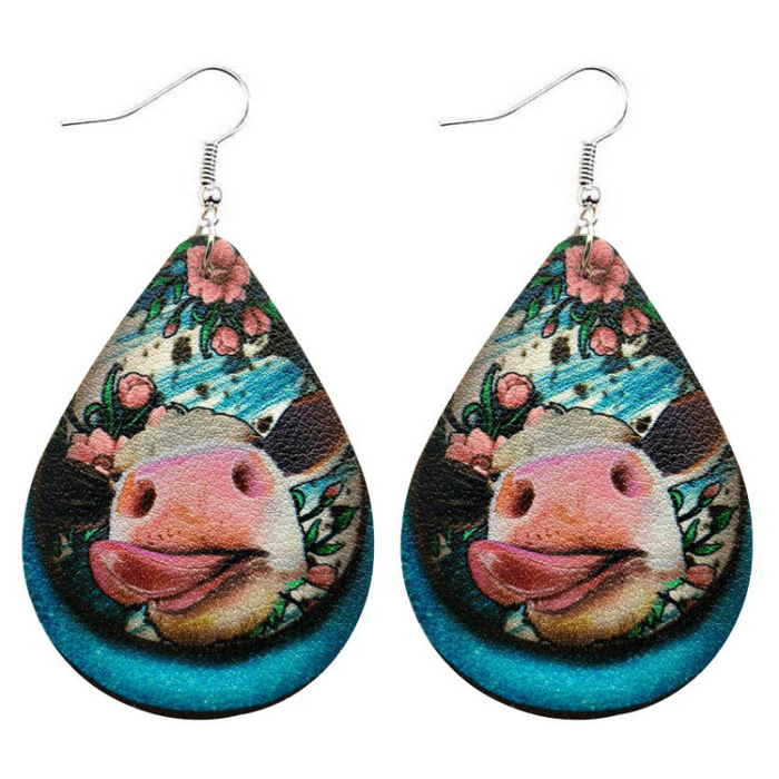 Wholesale Earrings Farm animal cow pattern leather water drop earrings JDC-ES-KDL019