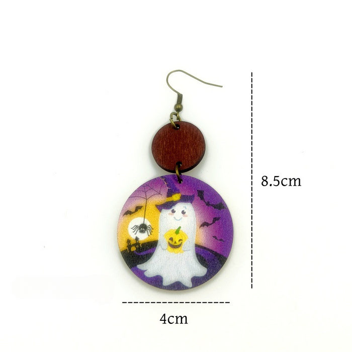 Wholesale Halloween Wooden Print Ghost Earrings JDC-ES-Yinxue007