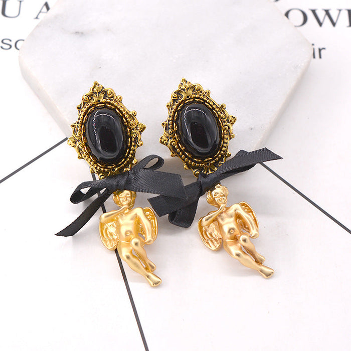 Wholesale Baroque Vintage Angel Cupid Enamel Pearl Gold Earrings JDC-ES-PREMNT004