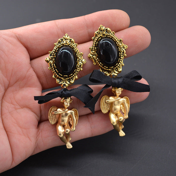 Wholesale Baroque Vintage Angel Cupid Enamel Pearl Gold Earrings JDC-ES-PREMNT004