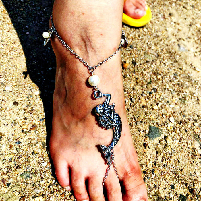 Wholesale   Beach Seaside Mermaid Big Pearl Foot Scallop Small Pearl Anklet
