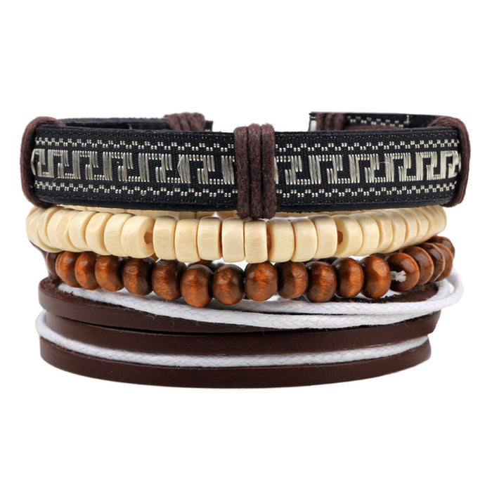 Wholesale Leather Multi-root Combination Men's Cowhide Strap Anchor Wooden Bead Bracelet JDC-BT-QiN019