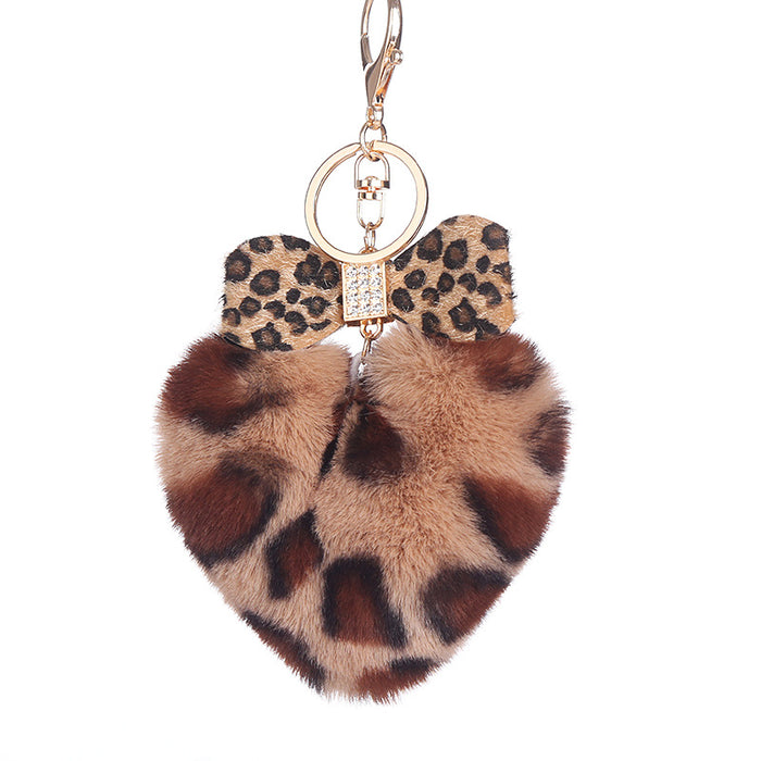 Wholesale Leopard Print Heart Hair Ball Keychain Diamond Bow JDC-KC-WuoD024