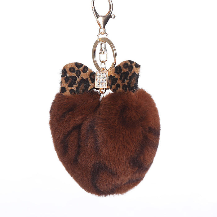 Wholesale Leopard Print Heart Hair Ball Keychain Diamond Bow JDC-KC-WuoD024