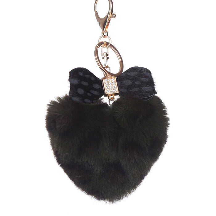 Wholesale Leopard Print Heart Hair Ball Keychain Diamond Bow JDC-KC-WuoD024