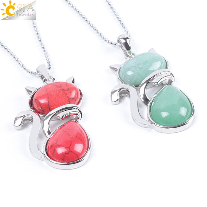 Wholesale Natural Stone Kitten Pendant Necklace Cute Cat Jewelry Accessory White Turquoise Finish Everyday Gift