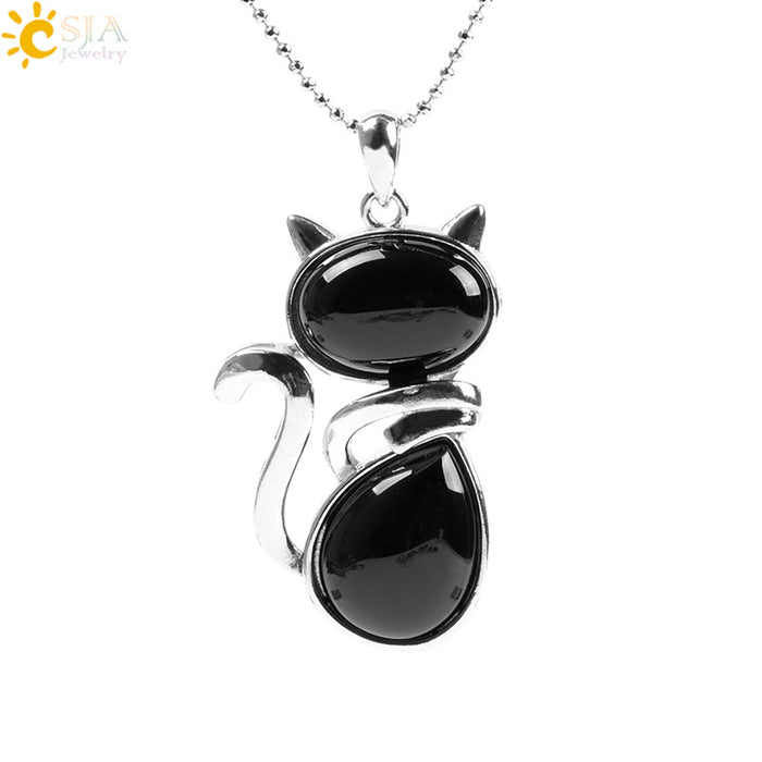 Wholesale Natural Stone Kitten Pendant Necklace Cute Cat Jewelry Accessory White Turquoise Finish Everyday Gift