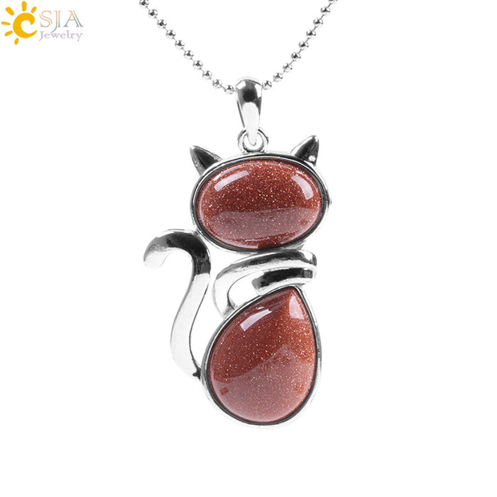 Wholesale Natural Stone Kitten Pendant Necklace Cute Cat Jewelry Accessory White Turquoise Finish Everyday Gift