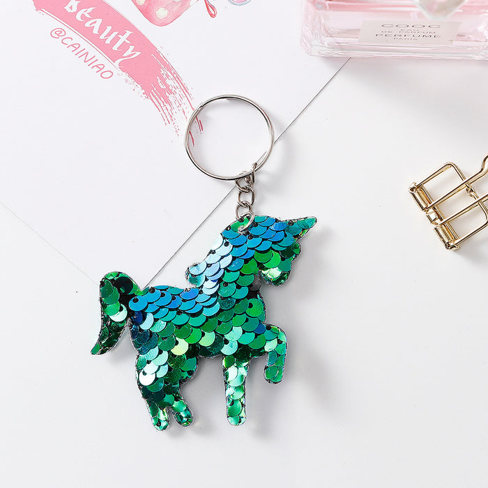 Wholesale double-sided reflective sequins keychain unicorn bag pendant key