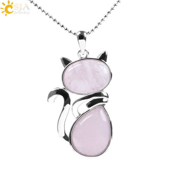 Wholesale Natural Stone Kitten Pendant Necklace Cute Cat Jewelry Accessory White Turquoise Finish Everyday Gift