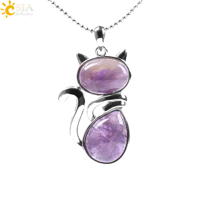 Wholesale Natural Stone Kitten Pendant Necklace Cute Cat Jewelry Accessory White Turquoise Finish Everyday Gift