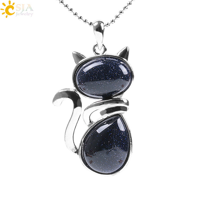 Wholesale Natural Stone Kitten Pendant Necklace Cute Cat Jewelry Accessory White Turquoise Finish Everyday Gift