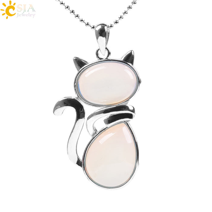 Wholesale Natural Stone Kitten Pendant Necklace Cute Cat Jewelry Accessory White Turquoise Finish Everyday Gift