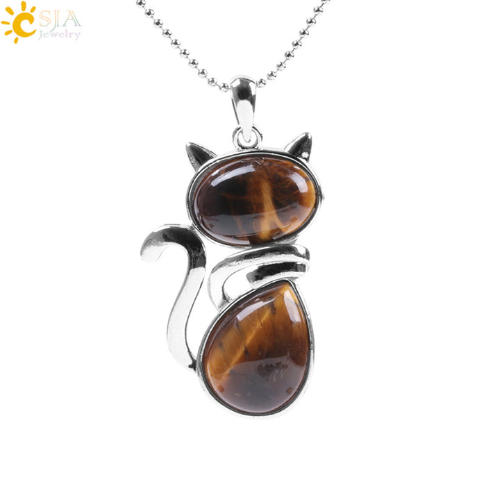 Wholesale Natural Stone Kitten Pendant Necklace Cute Cat Jewelry Accessory White Turquoise Finish Everyday Gift
