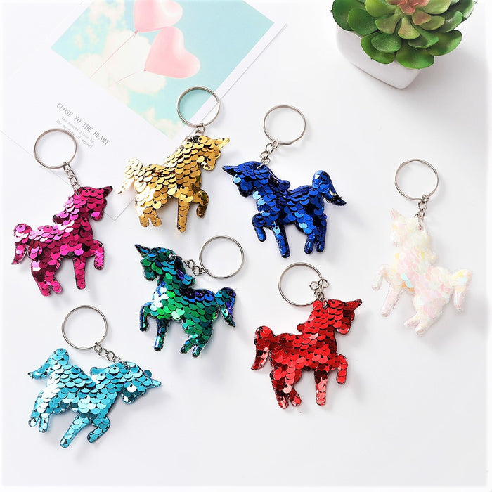 Wholesale double-sided reflective sequins keychain unicorn bag pendant key