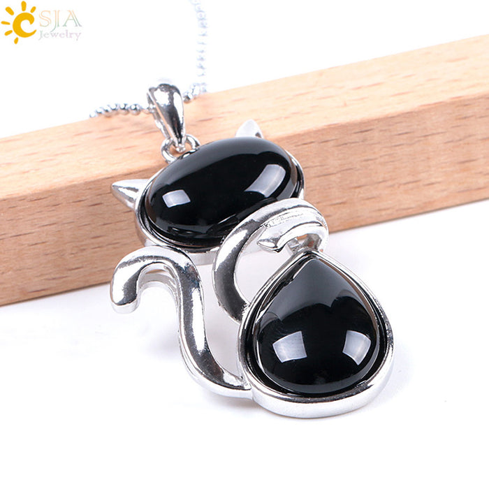 Wholesale Natural Stone Kitten Pendant Necklace Cute Cat Jewelry Accessory White Turquoise Finish Everyday Gift
