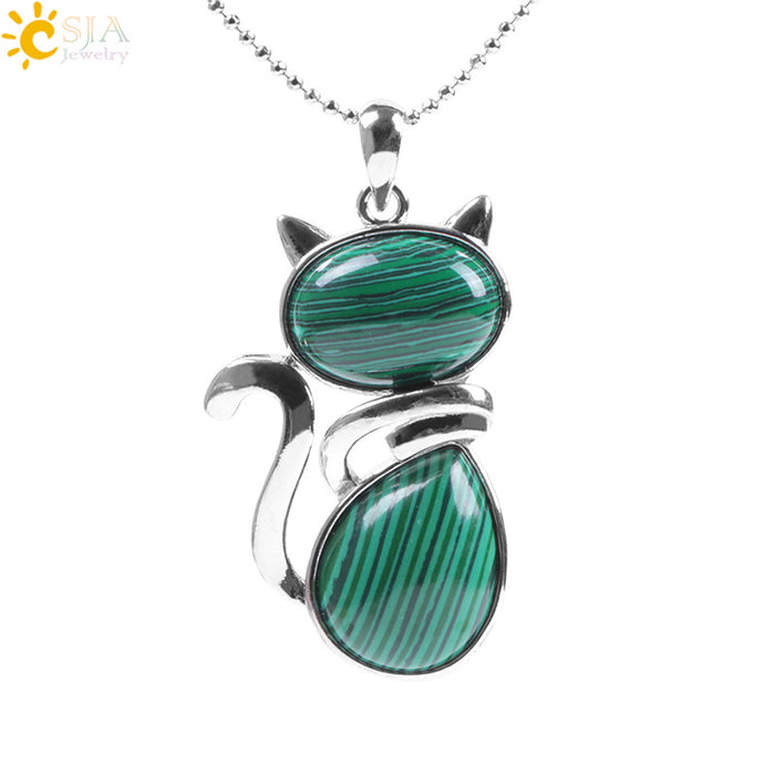 Wholesale Natural Stone Kitten Pendant Necklace Cute Cat Jewelry Accessory White Turquoise Finish Everyday Gift