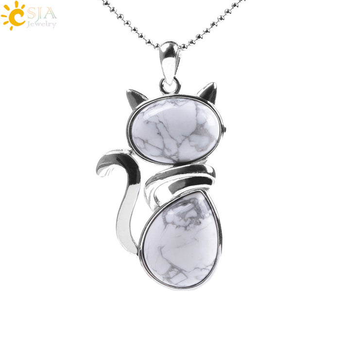 Wholesale Natural Stone Kitten Pendant Necklace Cute Cat Jewelry Accessory White Turquoise Finish Everyday Gift