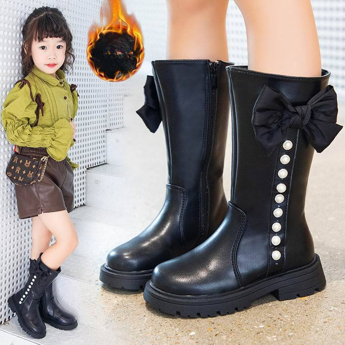 Wholesale A Pair/ Children's Fashionable Princess Bow Pearl and Velvet Warm High Top Cotton Boots JDC-KS-SB005