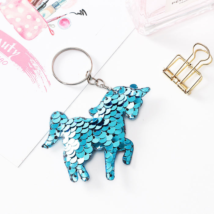 Wholesale double-sided reflective sequins keychain unicorn bag pendant key