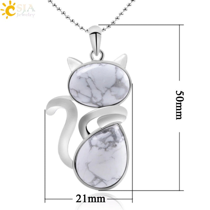Wholesale Natural Stone Kitten Pendant Necklace Cute Cat Jewelry Accessory White Turquoise Finish Everyday Gift