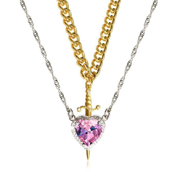 Wholesale Valentine' s Day Diamond-Encrusted Heart-Shaped Dagger Couple Pendant Set Clavicle Necklace