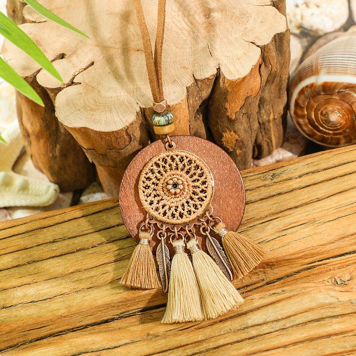 Wholesale Bohemian Dreamcatcher Tassel Earrings and Wooden Pendant Necklace Set