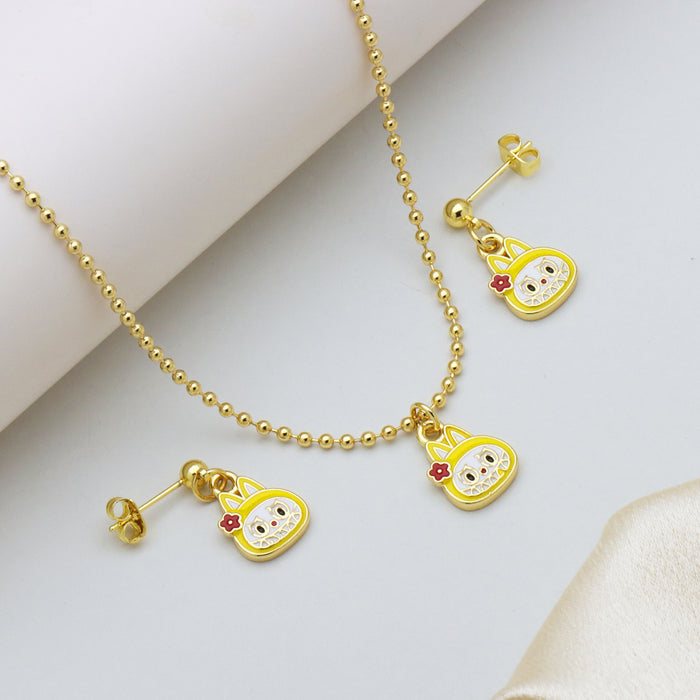 Wholesale Cartoon Pendant Necklace Ball Chain Brass Oil Drop Cute Earrings Lucky Cat Set