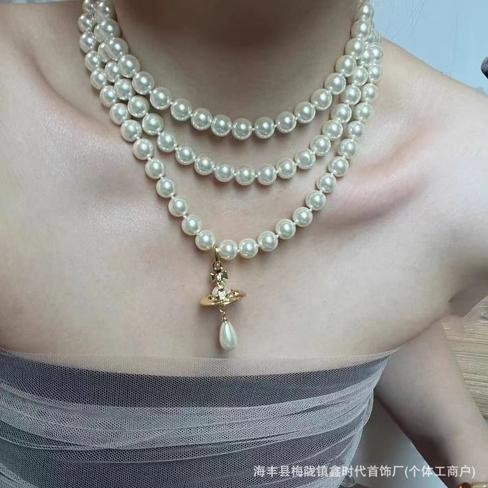 Wholesale Three layer three-dimensional water droplet collarbone chain with high-end feel, engraved and labeled necklace