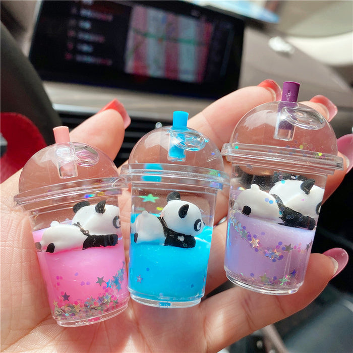 Wholesale Red Creative Girl's Heart Cute Panda Oil-filled Milk Tea Cup Floating Bottle Keychain Pendant quicksand pendant