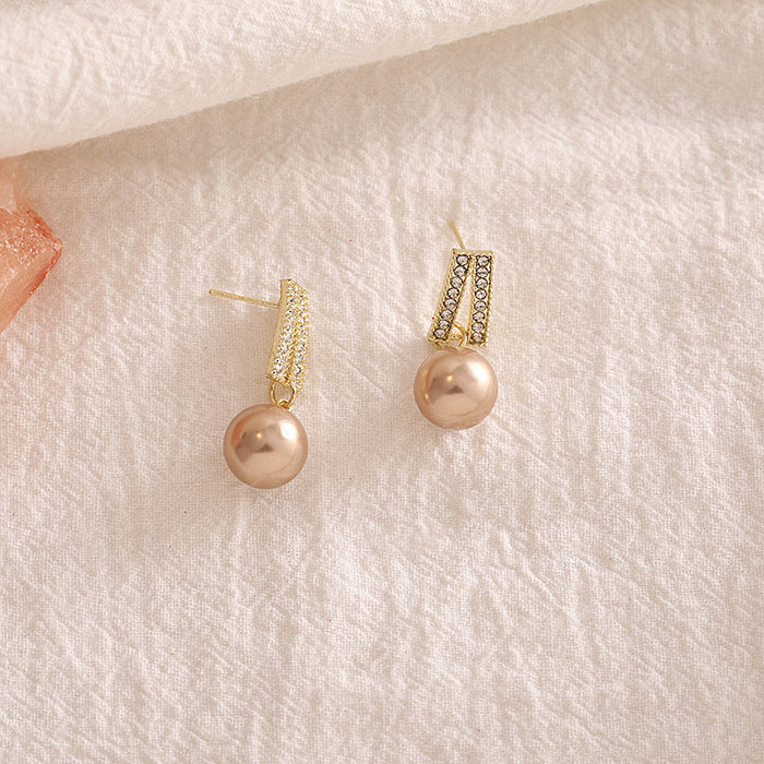 Wholesale Elegant and sophisticated silver needle double pearl studded diamond earrings