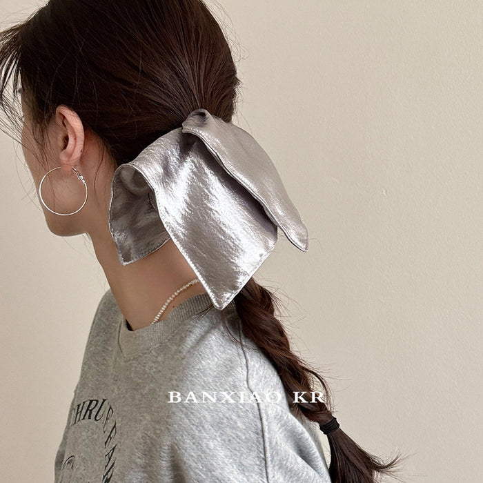 Wholesale Bright silk fabric silver square scarf headband, low ponytail headband, oversized retro square headpiece headband