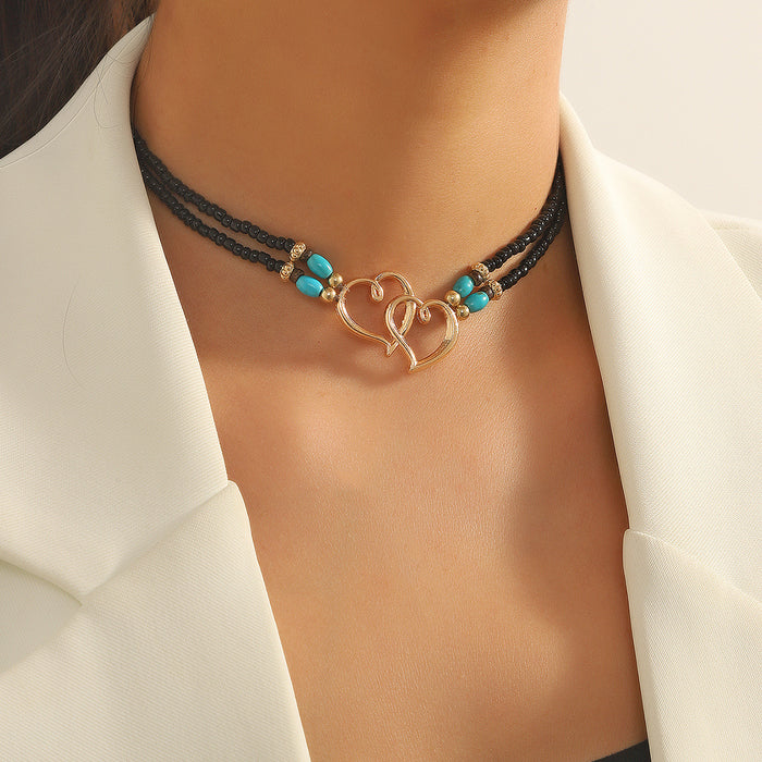 Wholesale Beach Vacation Style Double Heart Beaded Jewelry Set Alloy Necklace and Bracelet MOQ≥2