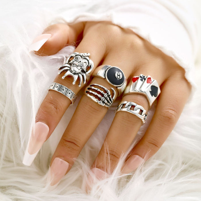 Wholesale Dark Retro Creative Spades a Card Ring Five-Piece Set Women' s Personalized Hand Accessories National Show Aliexpress Hot Selling