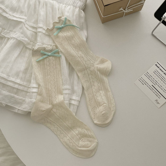 Wholesale Bow shaped mid tube socks with thin hollow mesh breathable stacking socks