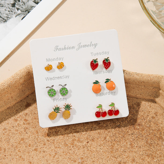 Wholesale 6Pcs Fruit Earring Set Strawberry Dopamine Earrings Alloy Drip Oil Fashion Accessory For Party Gift