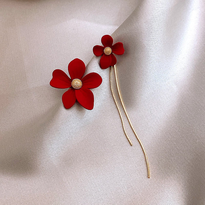 Wholesale Autumn and Winter high-grade design red flower earrings light luxury simple temperament asymmetric tassel earrings