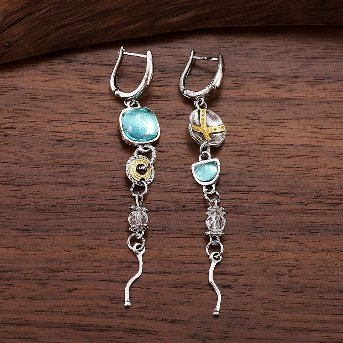 Wholesale Asymmetrical sapphire engraved cross earrings,  made of old metal,  high-end and versatile earrings