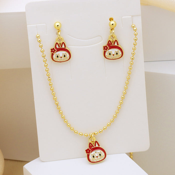 Wholesale Cartoon Pendant Necklace Ball Chain Brass Oil Drop Cute Earrings Lucky Cat Set