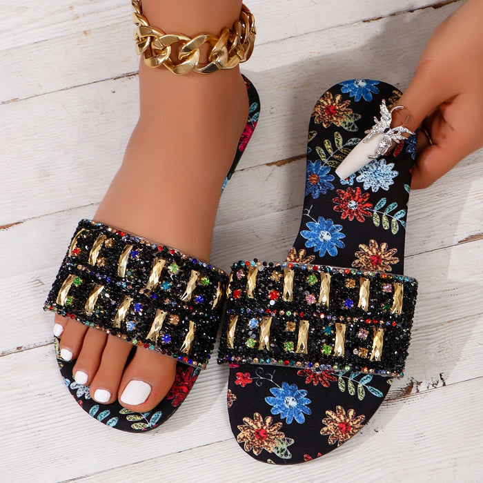 Wholesale  plus size flat-bottomed rhinestone slippers women wear graffiti flowers wear sandals and slippers