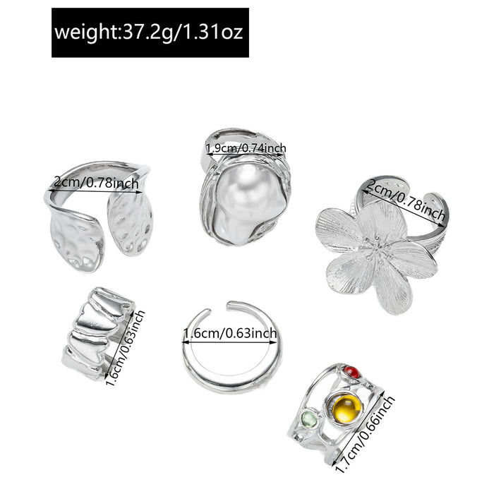 Wholesale New retro imitation pearl ring with a light luxury and high-end feel, exaggerated flower ring set