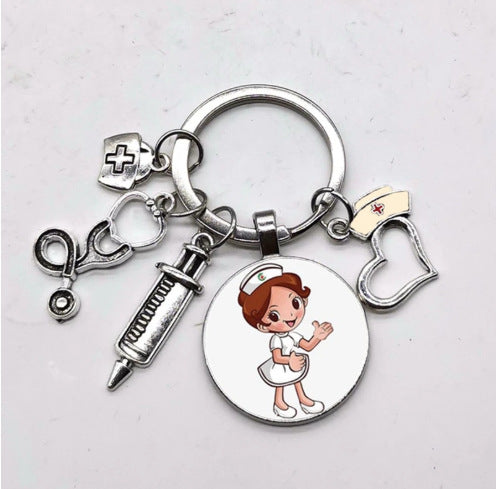 Wholesale Nurse Stethoscope Medical Syringe Picture Glass Cabochon and Glass Dome Keychain JDC-KC-HaoH010